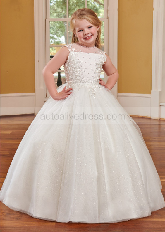 Beaded Ivory Lace Glitter Tulle Illusion Back Flower Girl Dress Beaded Ivory Lace Glitter Tulle Illusion Back Flower Girl Dress